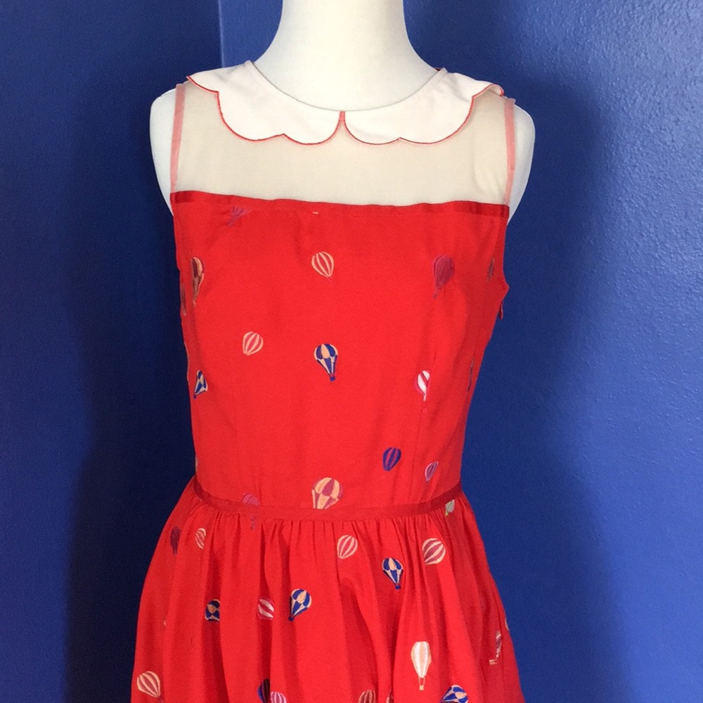 Nishe Red dress with multicolor embroidered hot air balloons & Peter Pan collar - Picture 2 of 15